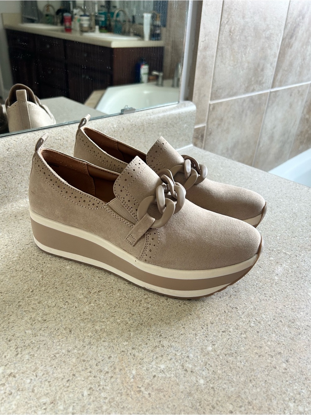 Platform Slip-On Sneakers with Decorative Chain in Taupe